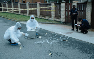 An image showing a couple of forensic analysts on a crime scene.